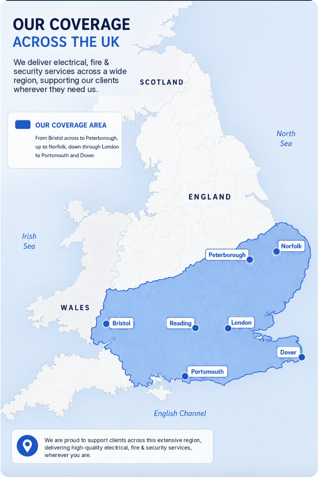 Map of Propcare EFS facilities management coverage across the UK, from Bristol to Norfolk and London down to Portsmouth and Dover