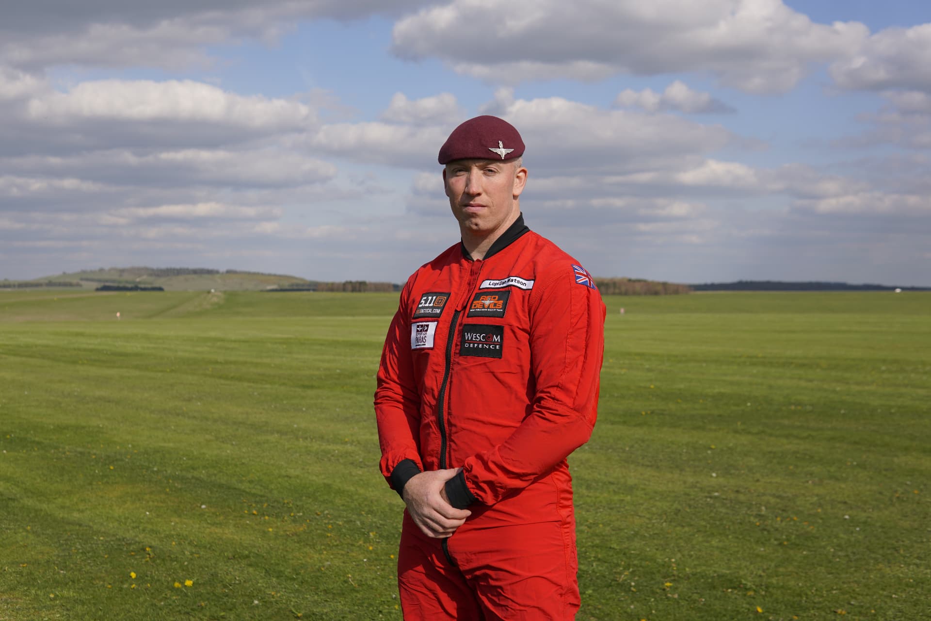 Danny Watson in Red Devils display team jumpsuit and maroon beret