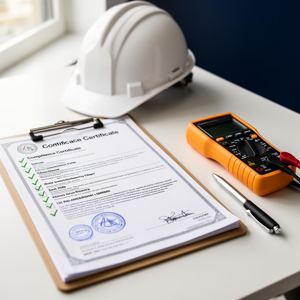 Engineers reviewing compliance documentation in plant room
